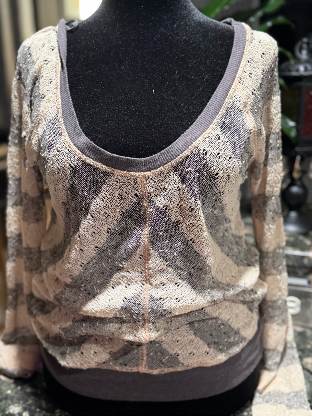 We The Free Beige and Gray Scoop Neck Lightweight Sweater